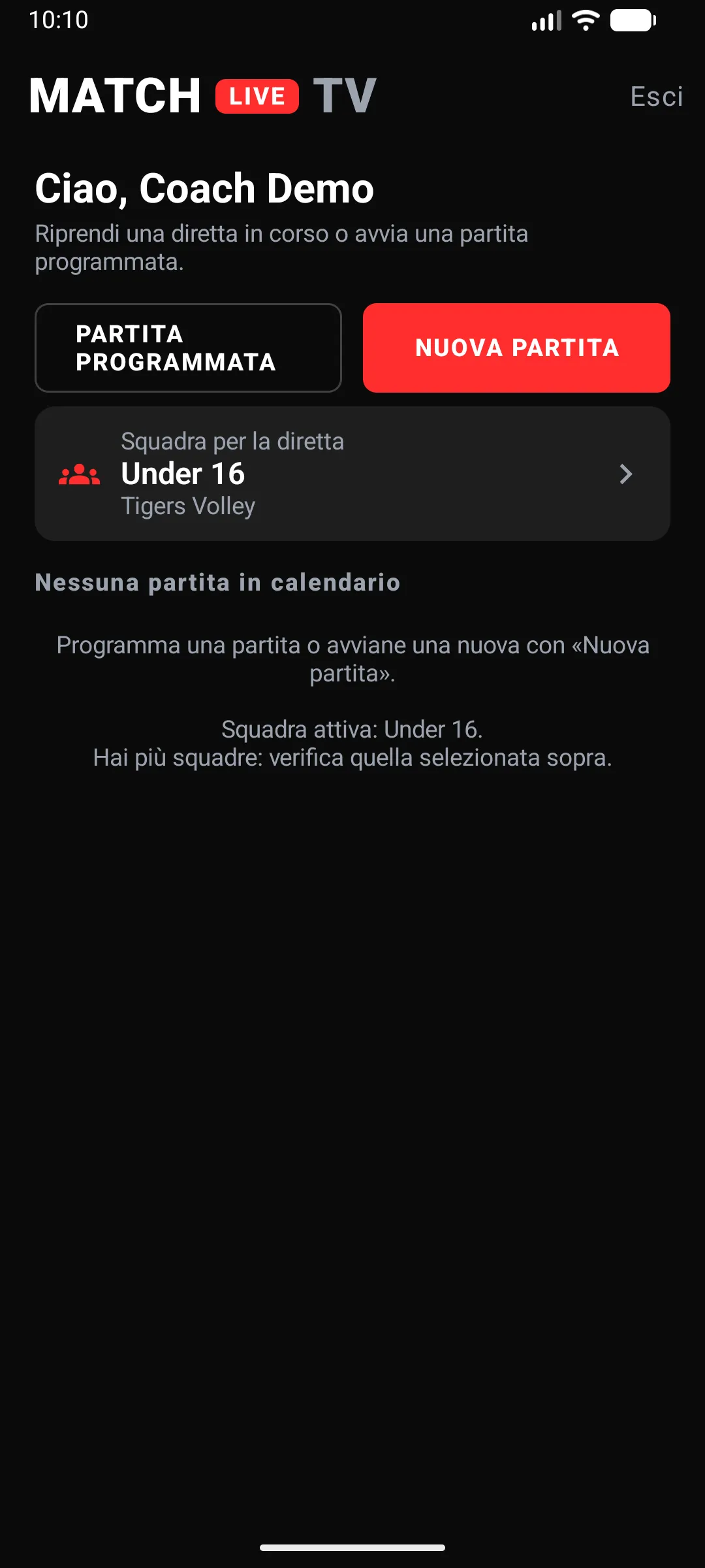 App MatchLiveTV: schermata iniziale dell’allenatore con squadra attiva e pulsanti per programmare o avviare una partita.