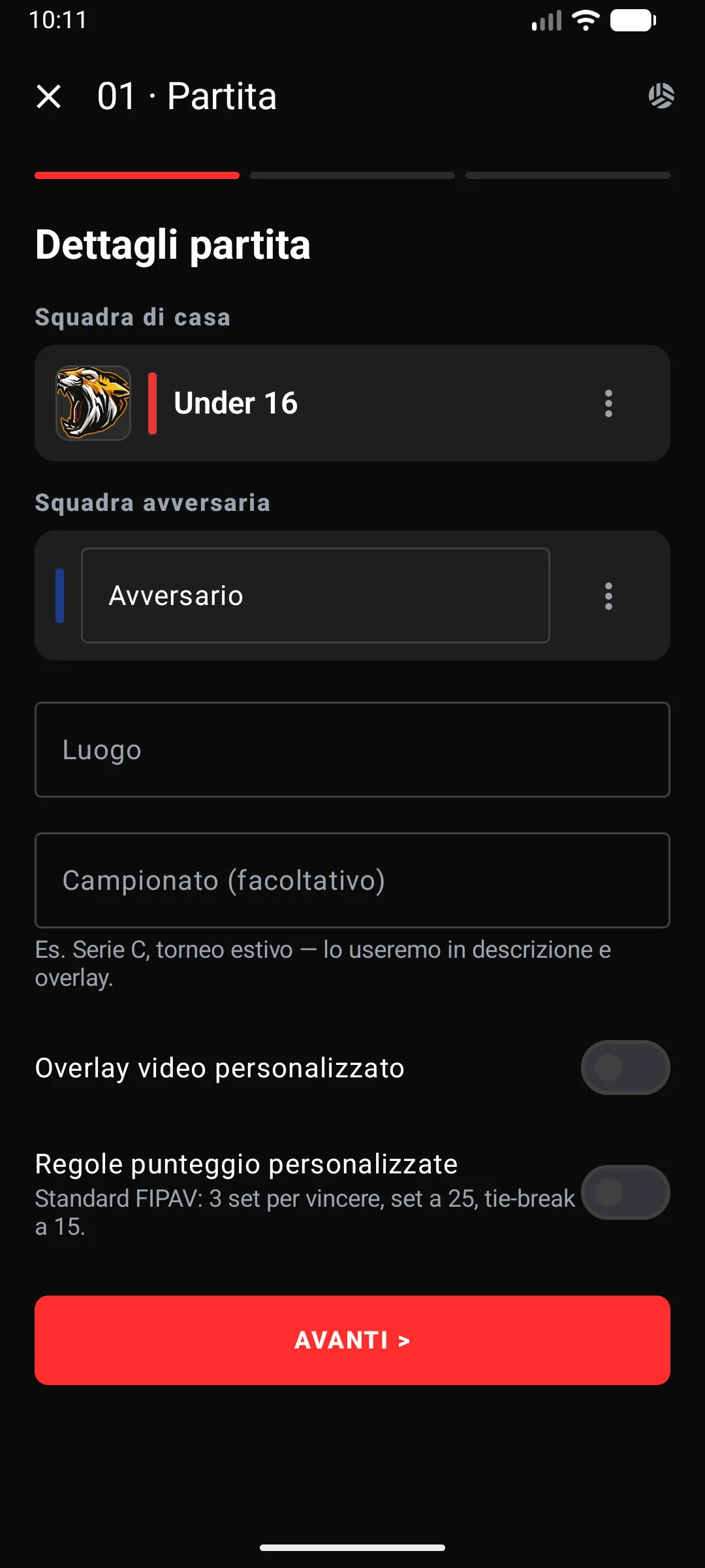 App MatchLiveTV, passo 1: dettagli della partita, squadre, luogo, campionato, overlay e regole di punteggio.