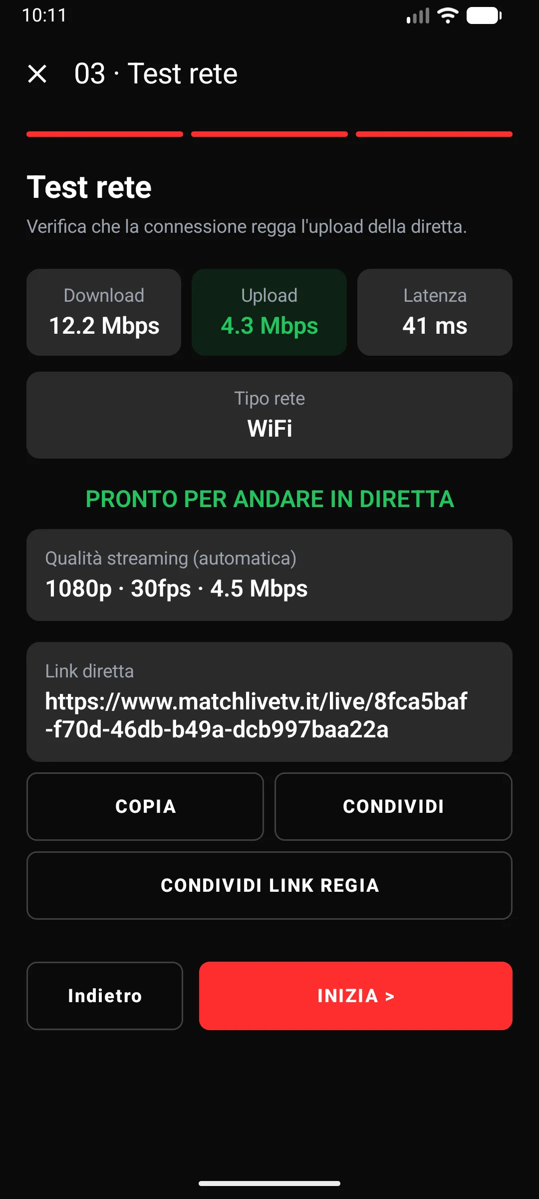 App MatchLiveTV, passo 3: test di rete con download, upload, latenza e qualità di streaming consigliata, pronto per andare in diretta.
