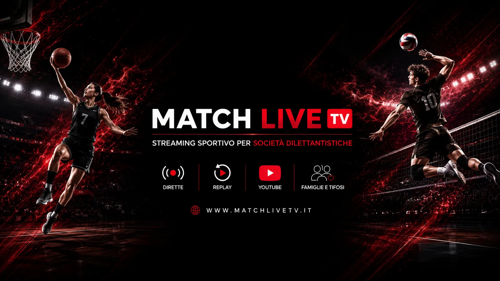 Copertina del canale MatchLiveTV: streaming sportivo per società dilettantistiche, dirette, replay, YouTube, famiglie e tifosi.