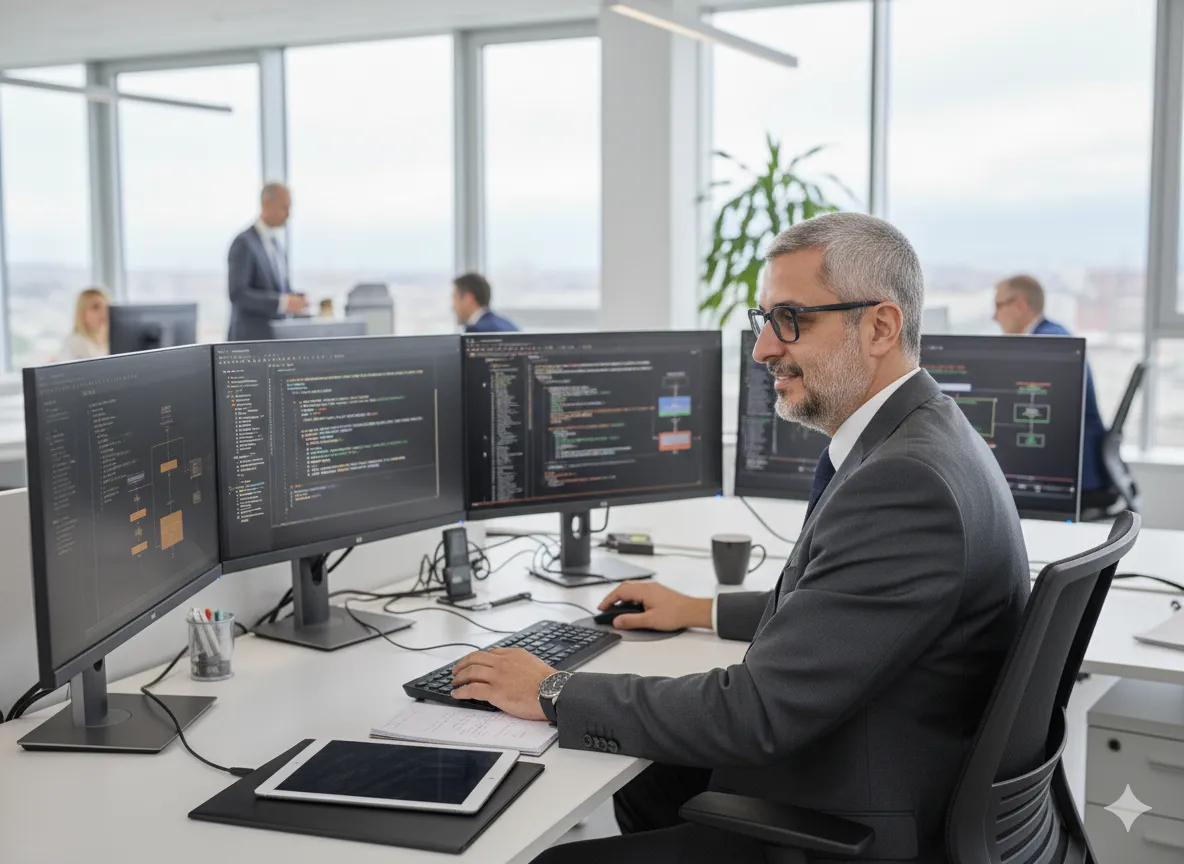 Emiliano Frascaro al lavoro su più monitor con codice e schemi architetturali